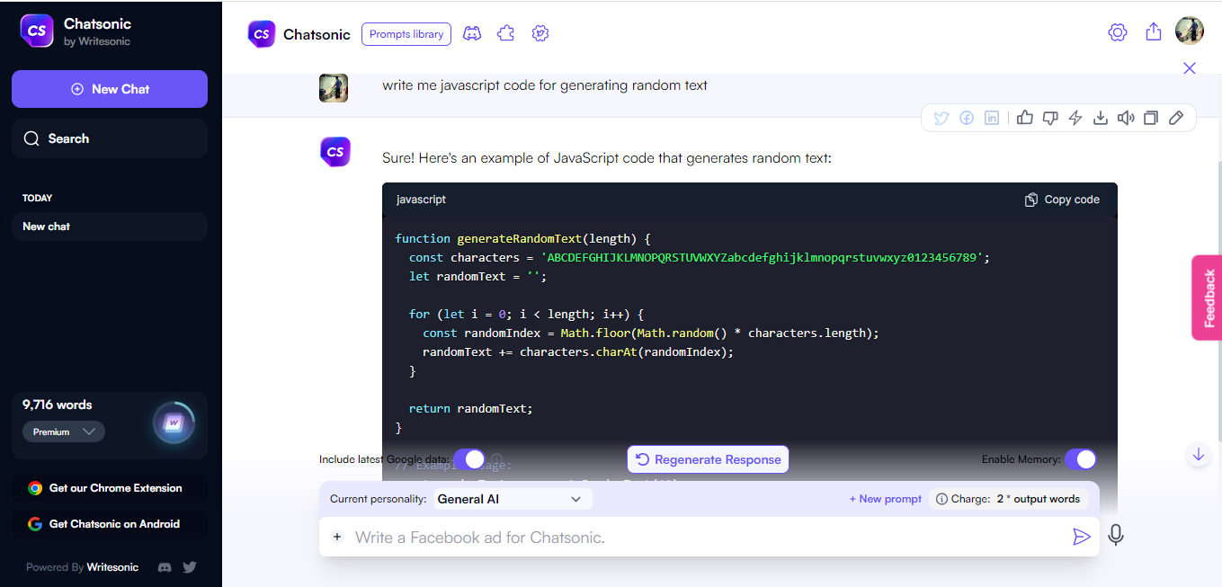 javascript code generated by Chatsonic