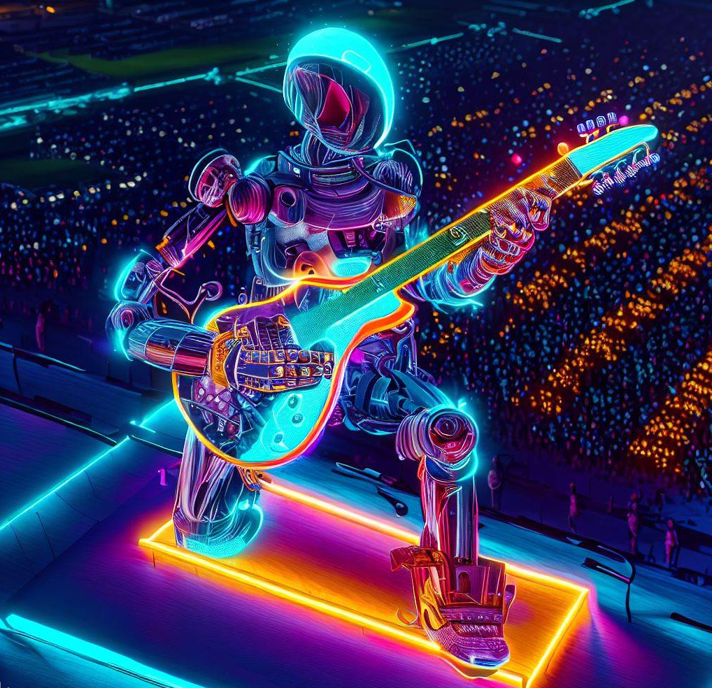 aerial shot of dall-e generated robot playing an electric guitar