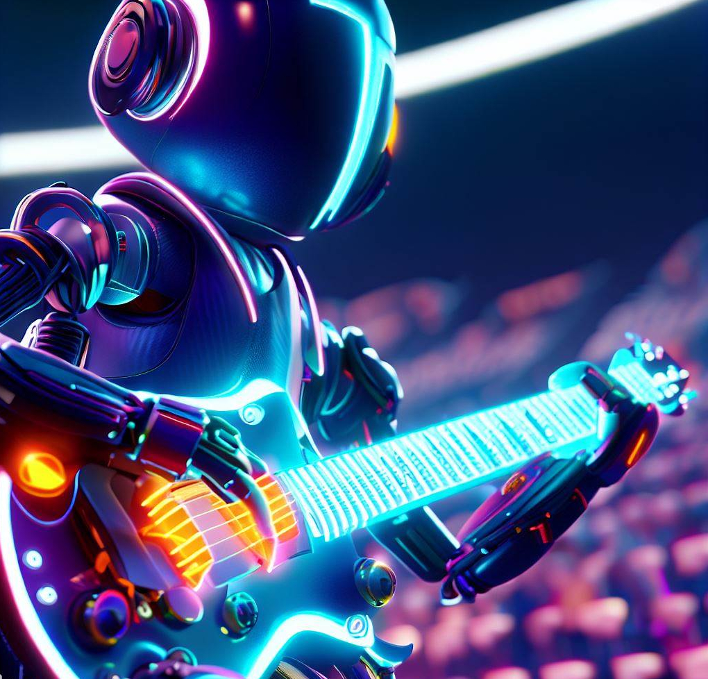 close up shot of dall-e generated robot playing an electric guitar