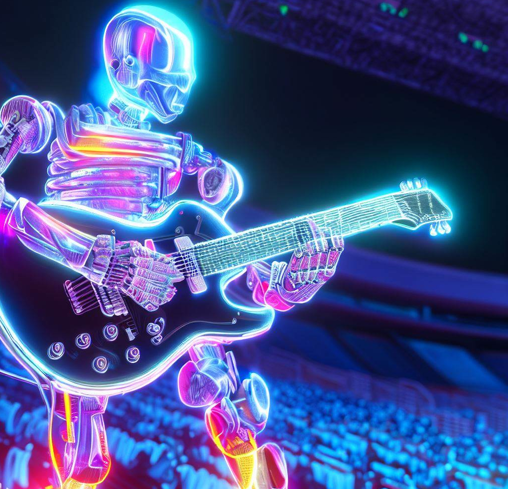 dall-e generated robot playing guitar in a stadium