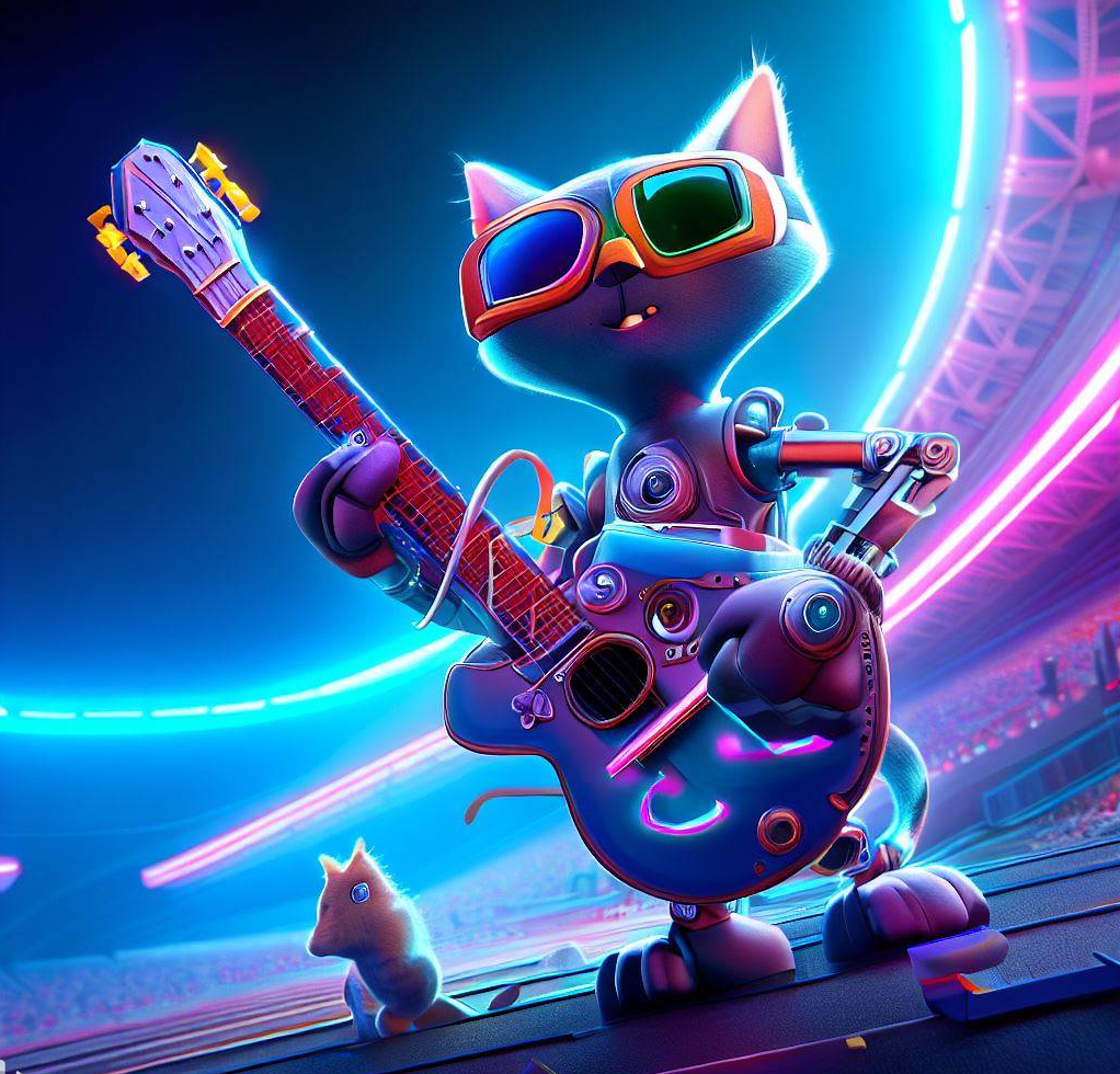 dall-e generated image of a robot and cat playing an electric guitar