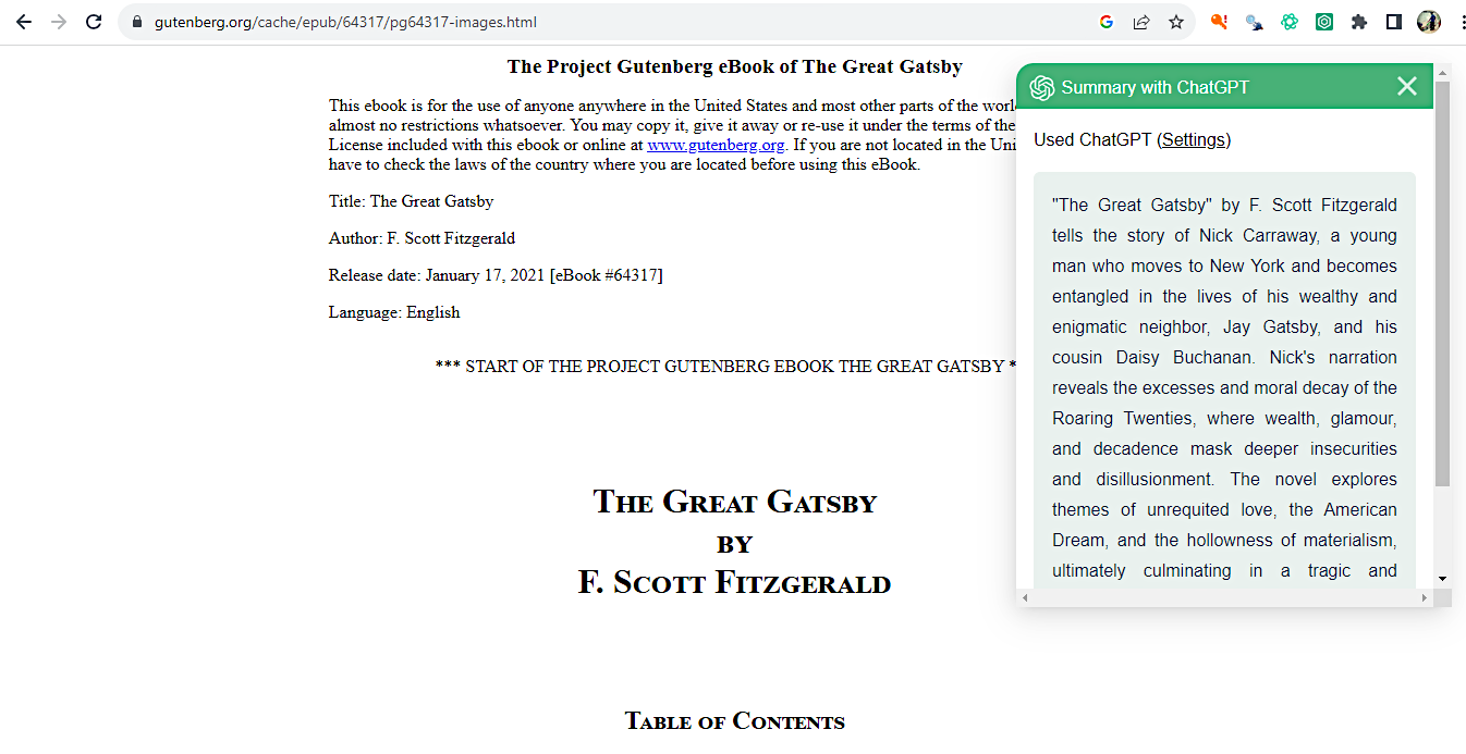 summary of The Great Gatsby using ChatGPT extension